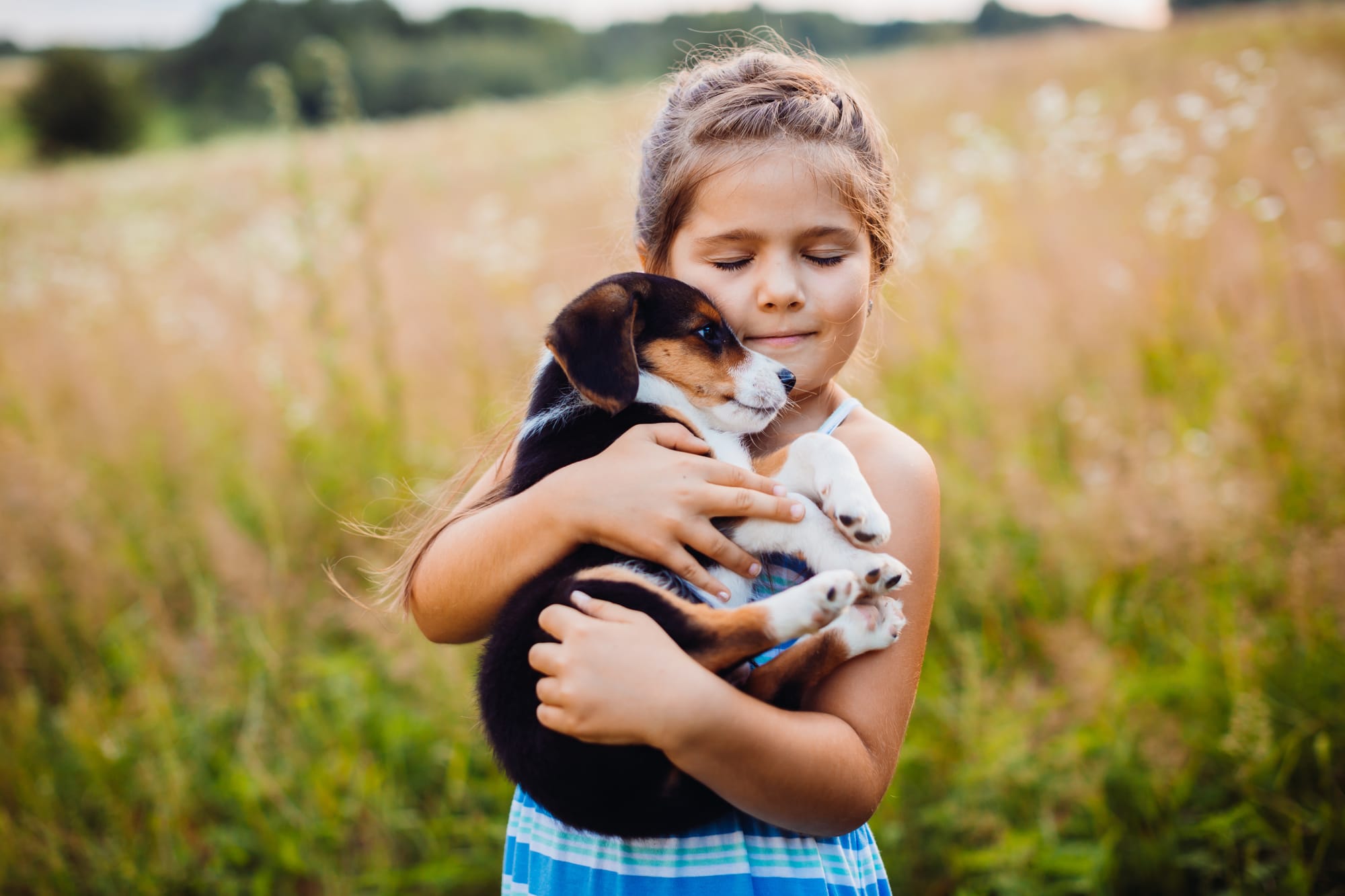 little girl carrying a puppy