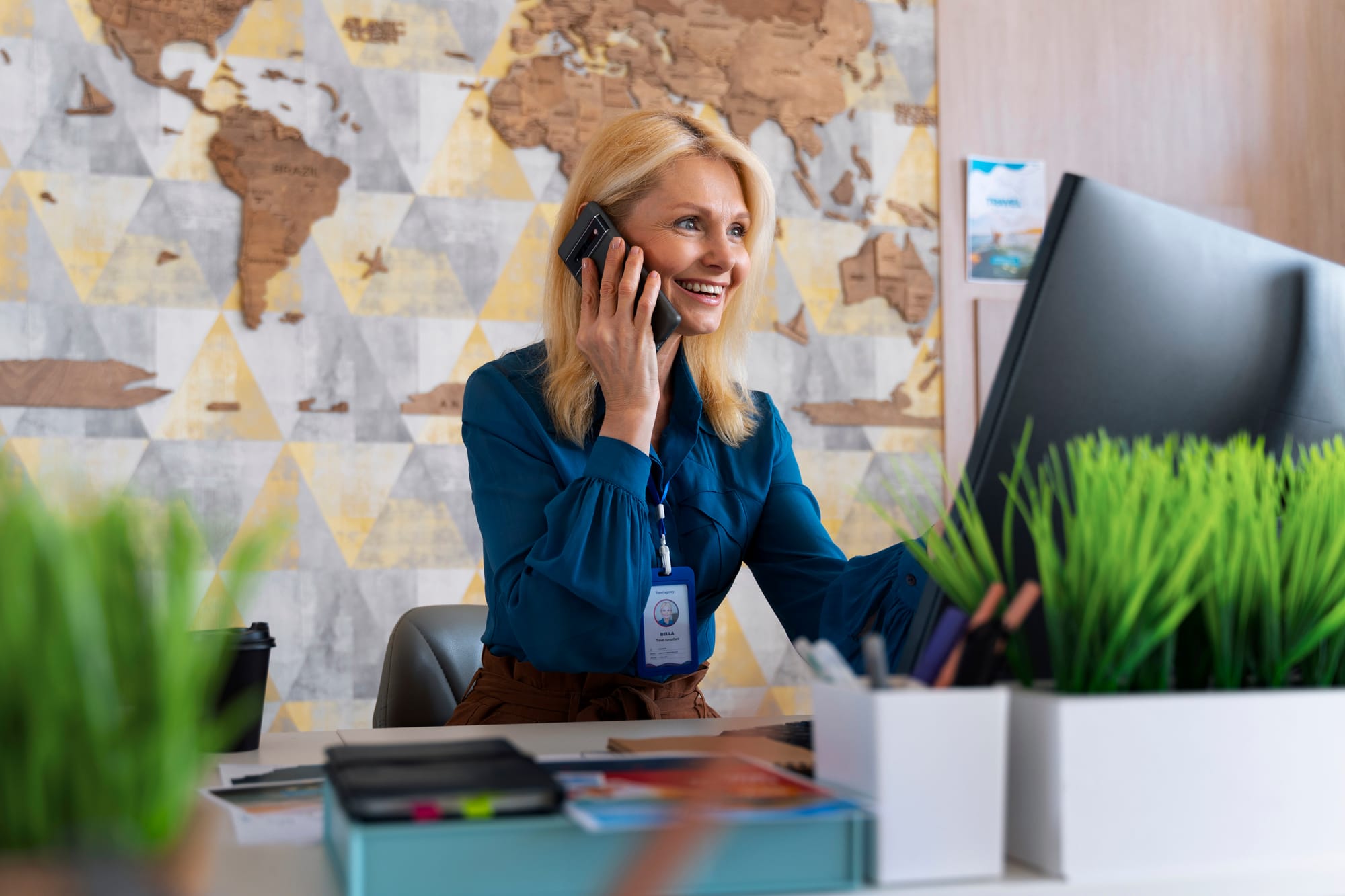 woman working office phone receptionist
