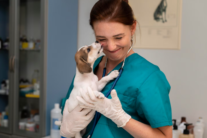 puppy licking veterinary technician