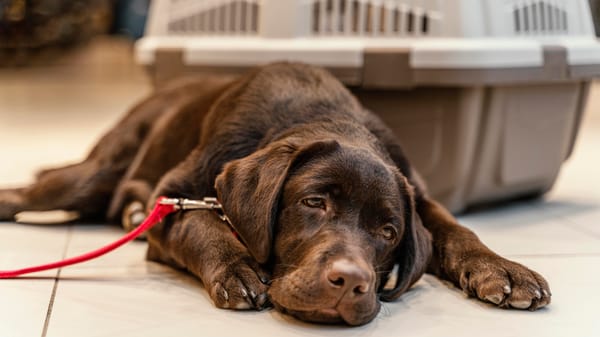 sad dog laying on the floor